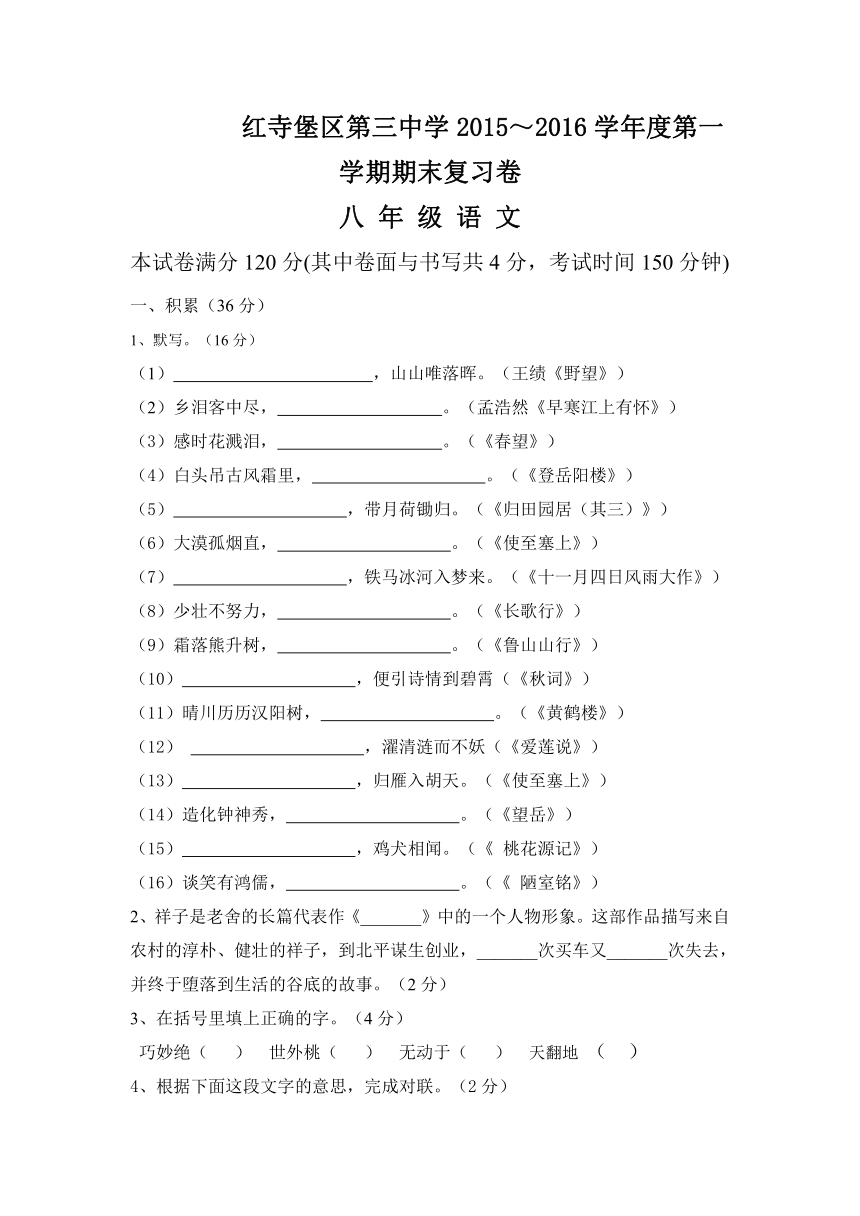 宁夏吴忠市红寺堡区第三中学2015-2016学年八年级上学期期末复习语文试题（无答案）