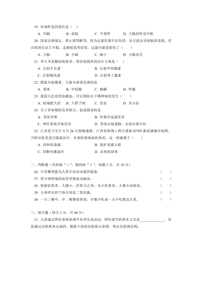 江西省吉州区2012-2013学年七年级下学期期末考试生物试题