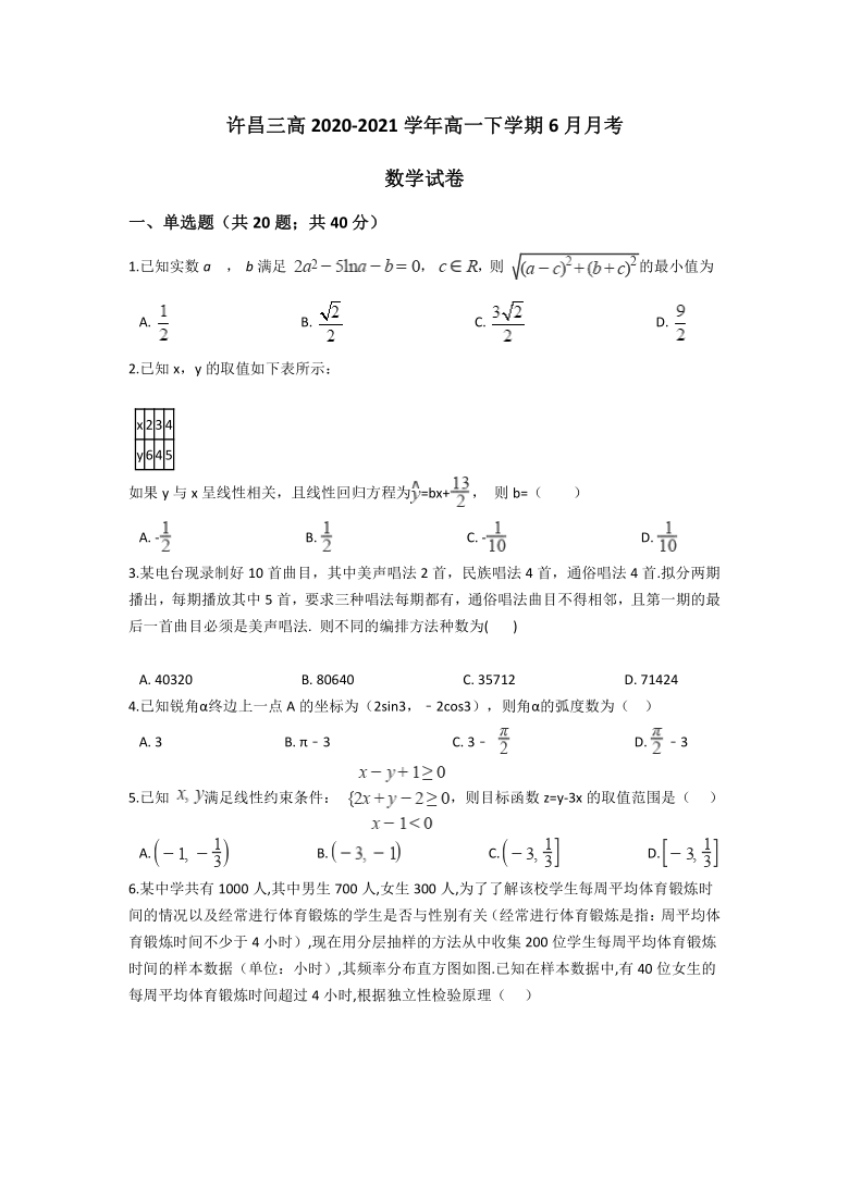 河南省许昌三高2020-2021学年高一下学期6月月考数学试题 Word版含答案