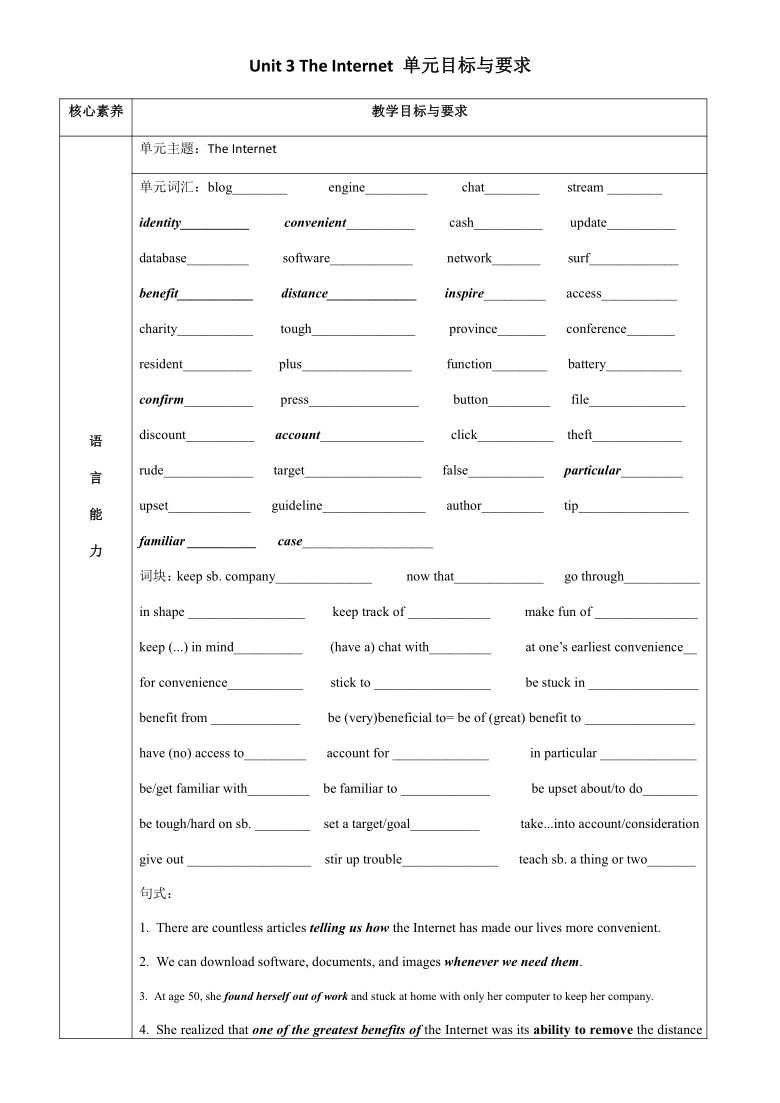 人教版（2019）高中英语必修第二册Unit 3 The Internet 单元目标与要求 教案（含答案）