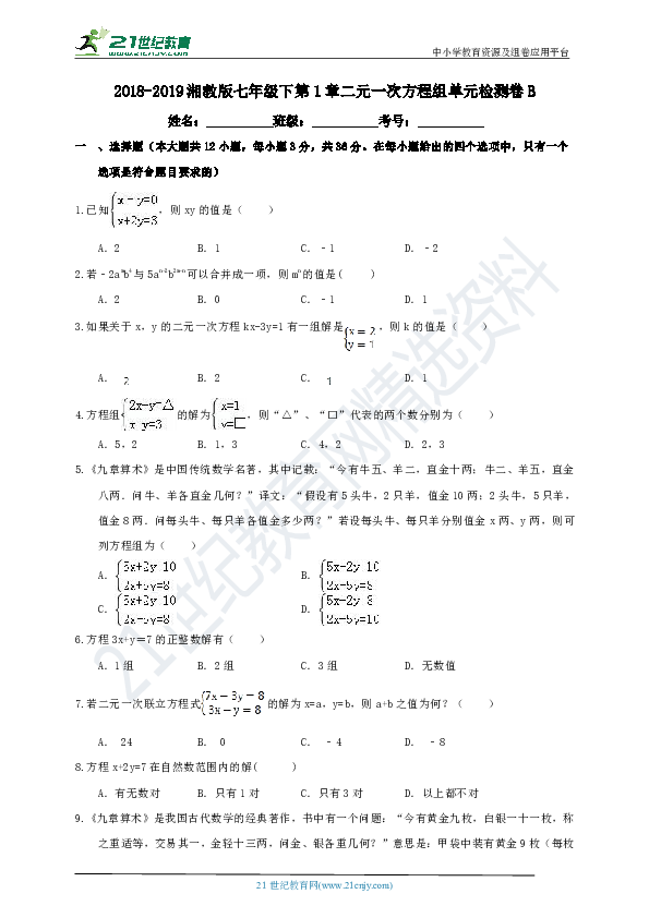 第1章 二元一次方程组单元检测卷B（含解析）