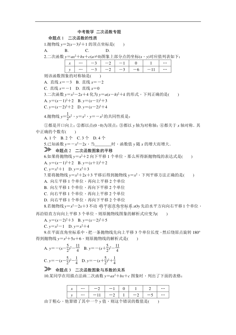 2021年中考数学二轮复习 二次函数专题（Word版 含答案）