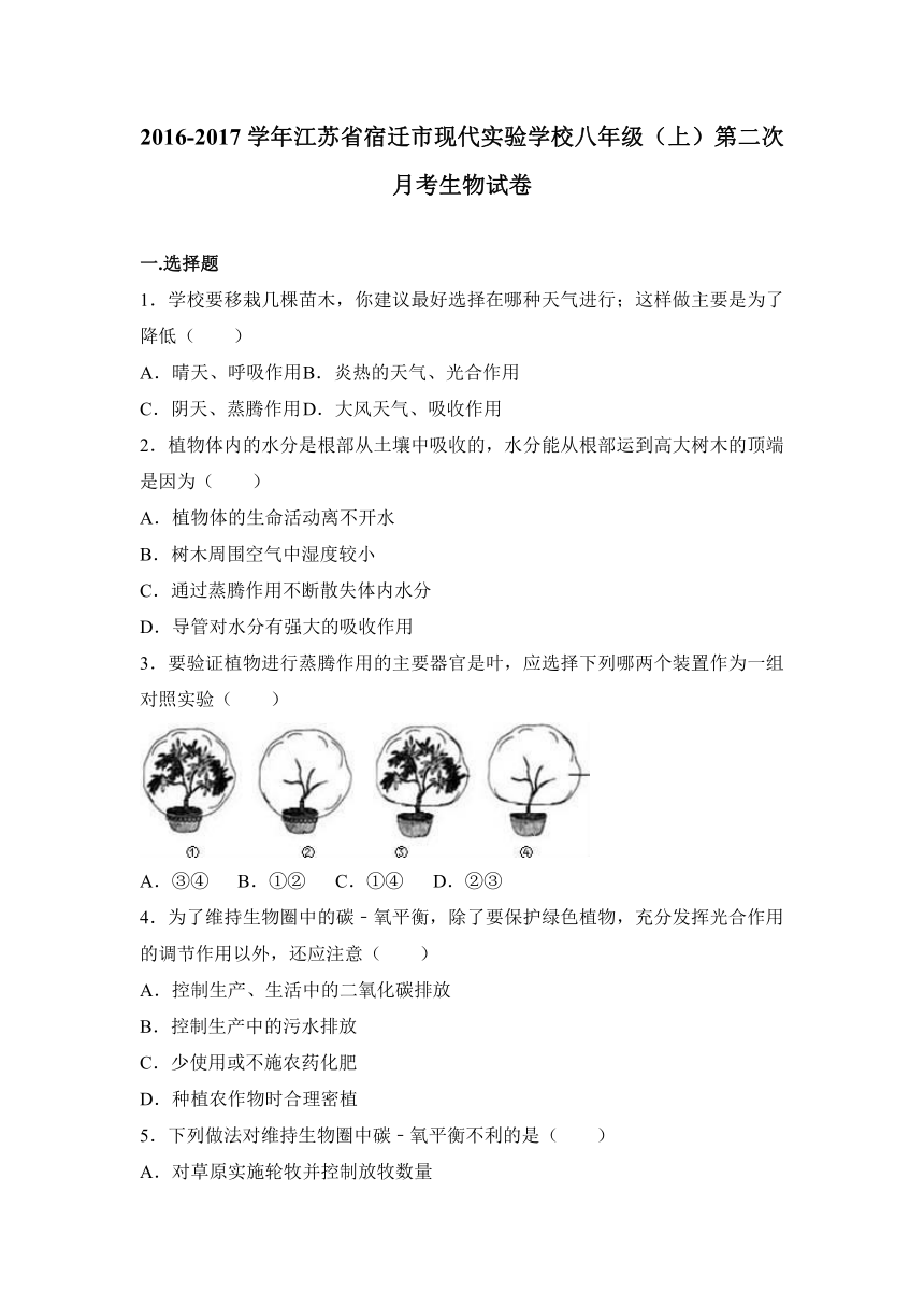 江苏省宿迁市现代实验学校2016-2017学年八年级（上）第二次月考生物试卷（解析版）