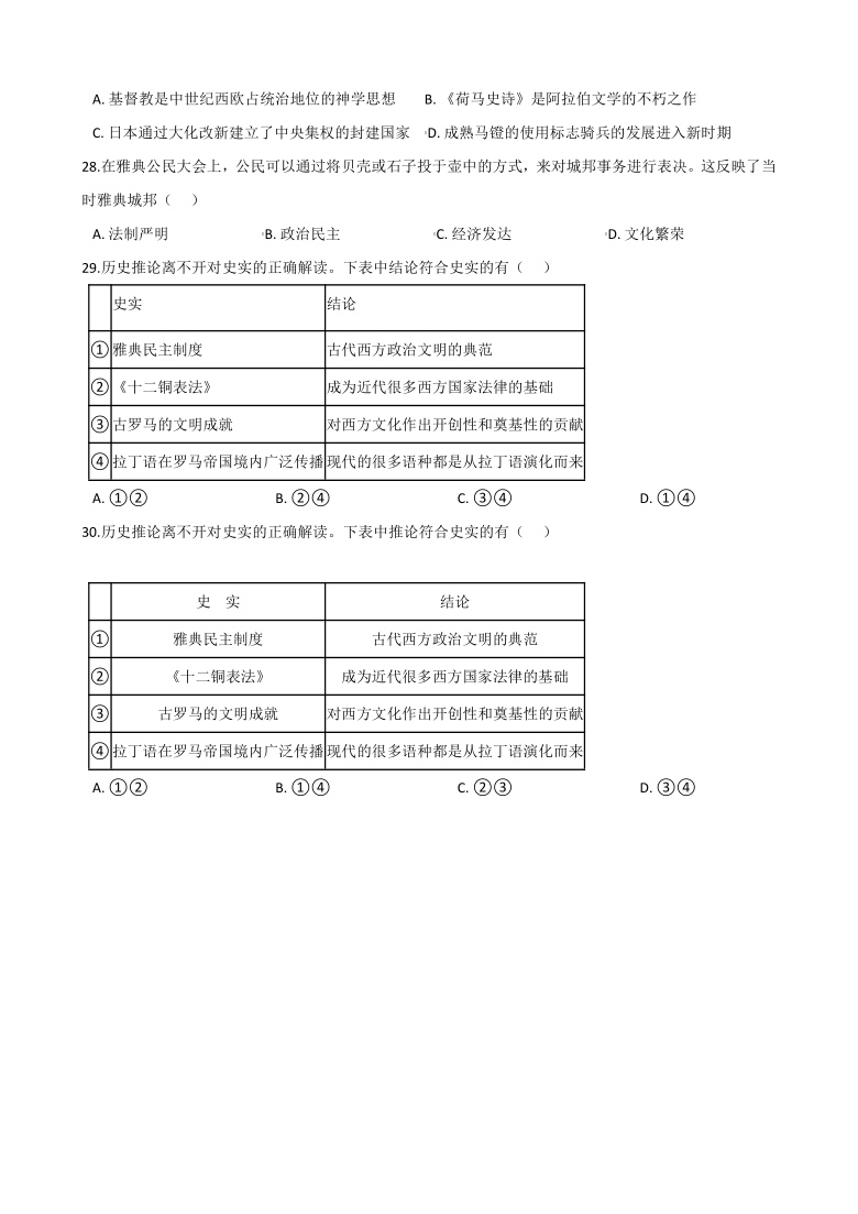 2021年浙江省人教版历史与社会中考复习专题检测10：古代希腊罗马的文明   含答案