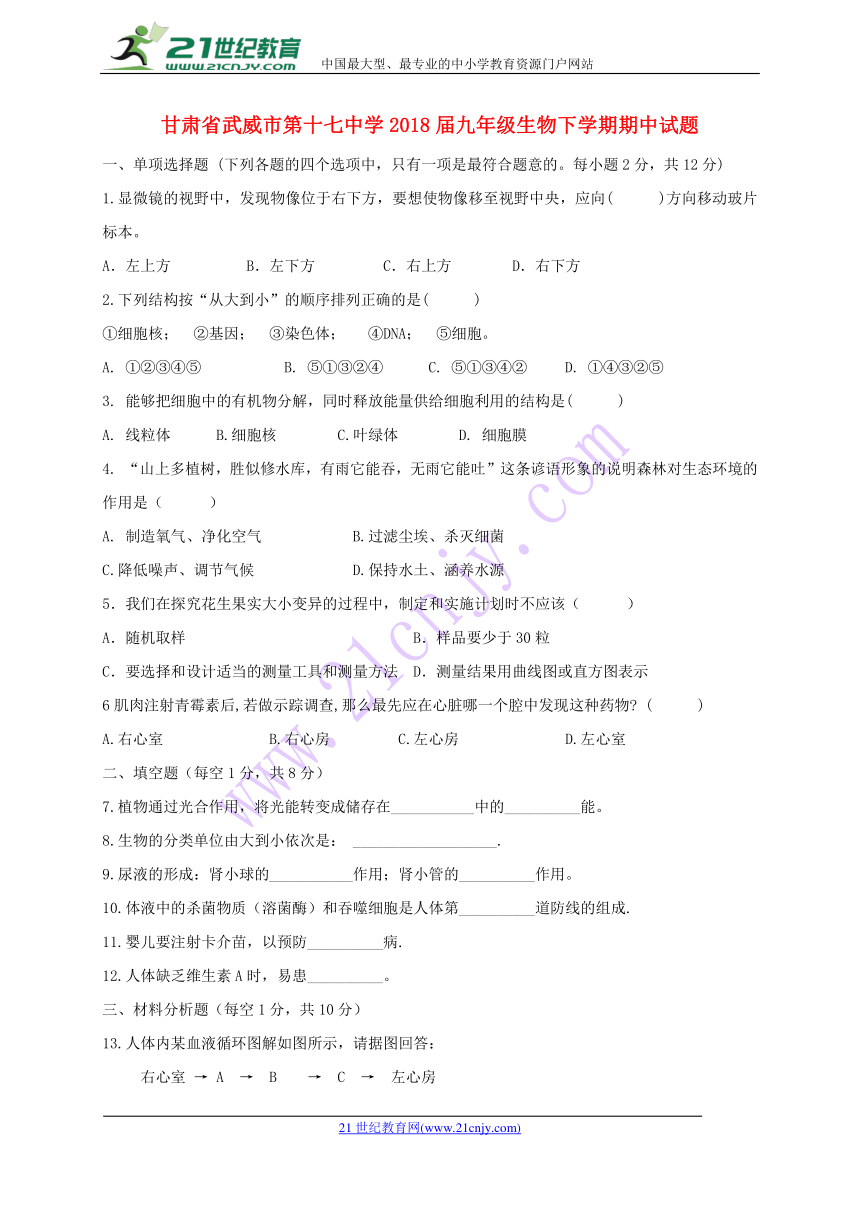 甘肃省武威市第十七中学2018届九年级生物下学期期中试题（无答案）