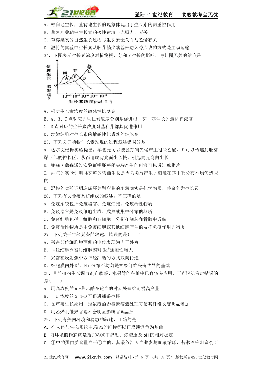 人教版2014-2015高二上学期第二次月考 必修三 第1——3章 生命活动的调节