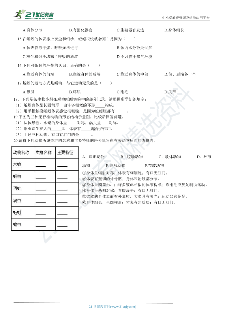 人教版八年级上册腔肠动物到软体动物小测（含答案）