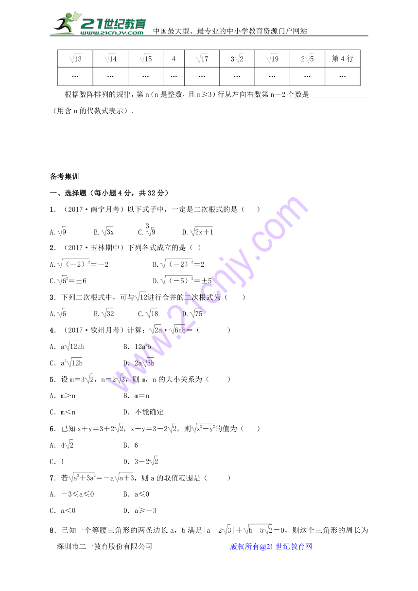 2017-2018上人教版八年级数学下册（广西）期末复习（一）二次根式(含答案)