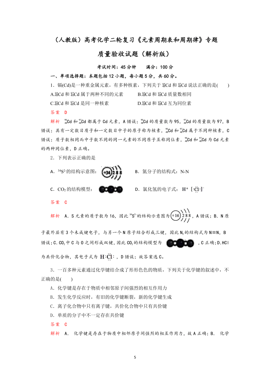 2022届高三化学高考备考二轮复习元素周期表和周期律专题质量验收试题