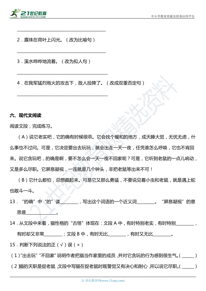 2021年统编版四年级下册第13课《猫》同步训练题（含答案）