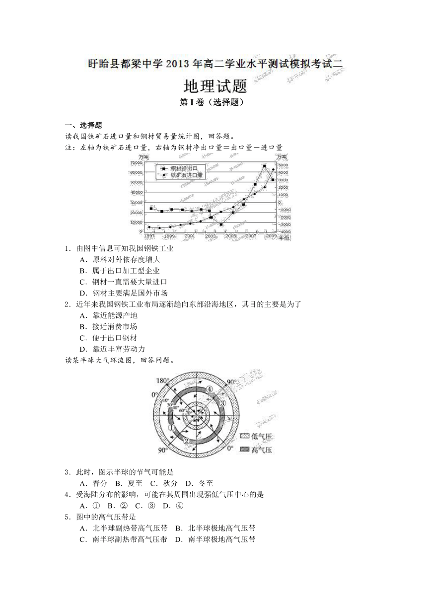 江苏省盱眙县都梁中学2012-2013学年高二下学期学业水平测试模拟考试二地理试题