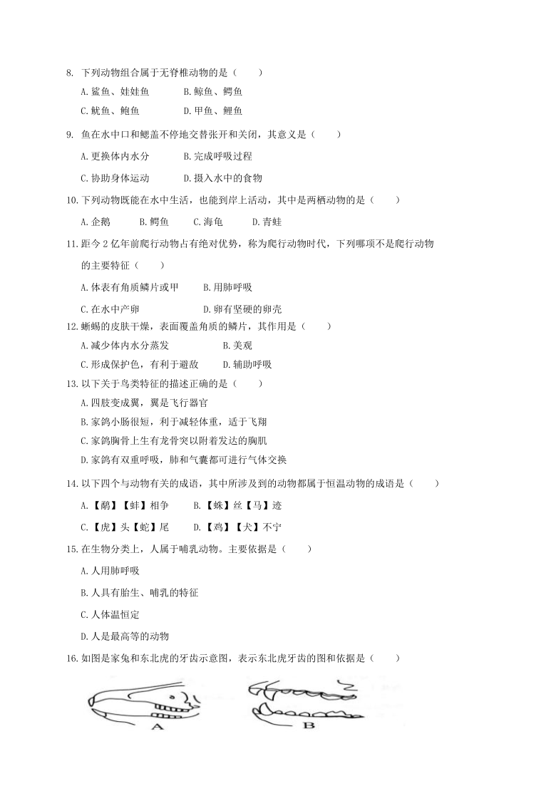 云南省红河州河口县2020-2021学年第一学期八年级生物期末检测试题（word版，含答案）