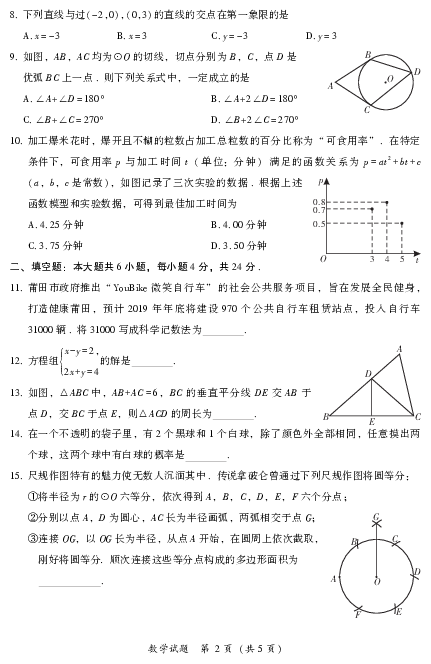 2019年5月福建省莆田市中考数学模拟试卷及答案（PDF版）