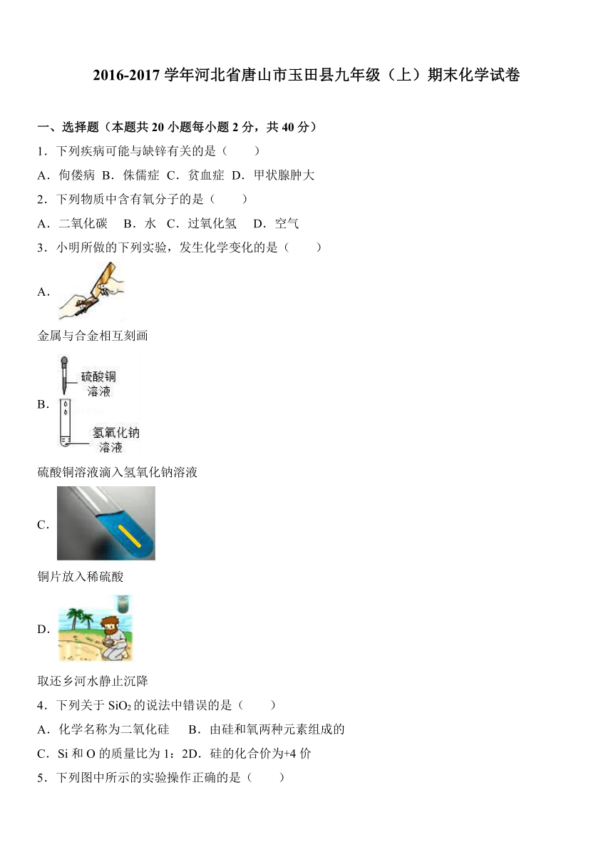 河北省唐山市玉田县2017届九年级（上）期末化学试卷（解析版）