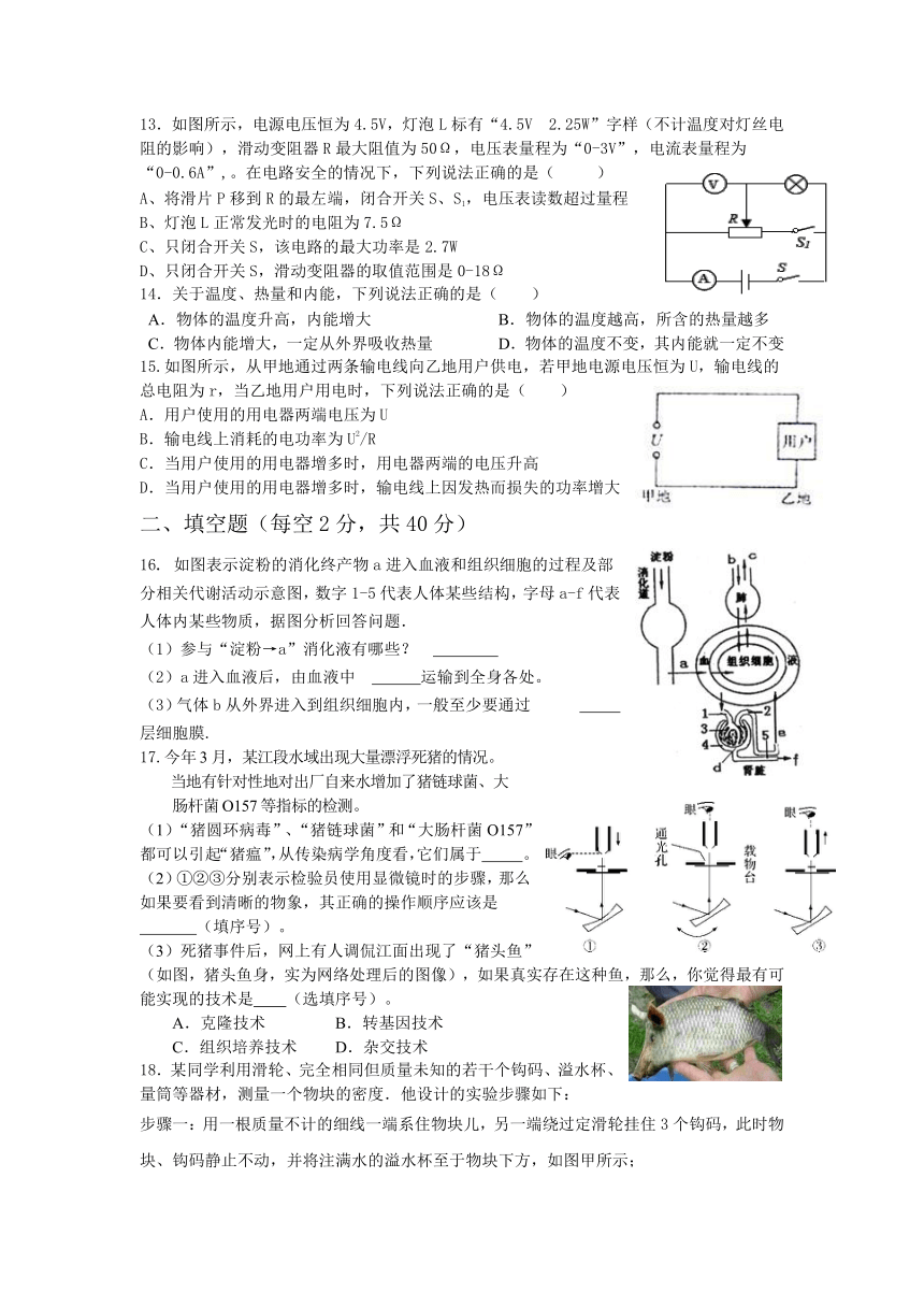 浙教版科学九年级上册期末试卷