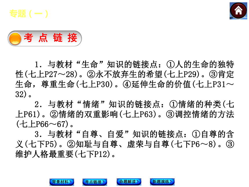 【新课标·RJ（全国版-适用邵阳）】2014中考政治复习方案（背景材料+考点链接+命题解读+新题演练）课件：专题（一）　乐观向上 热爱生活（21张ppt）