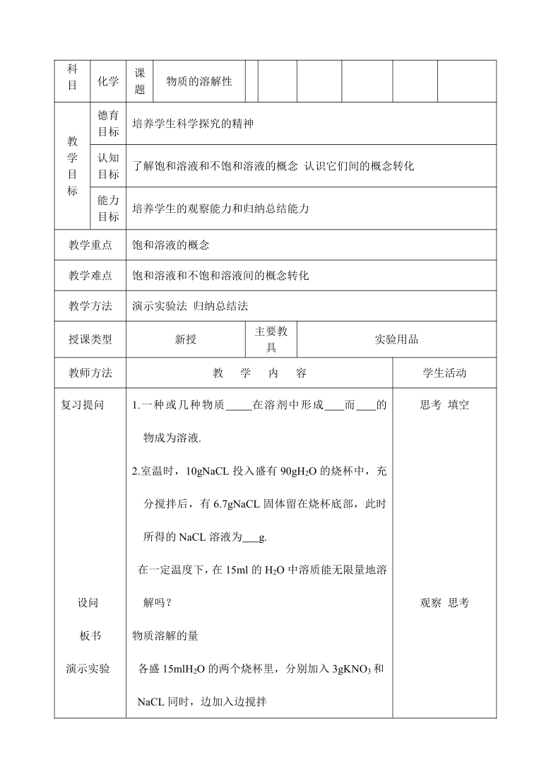 仁爱版初中化学九上 6.2  物质的溶解性  教案