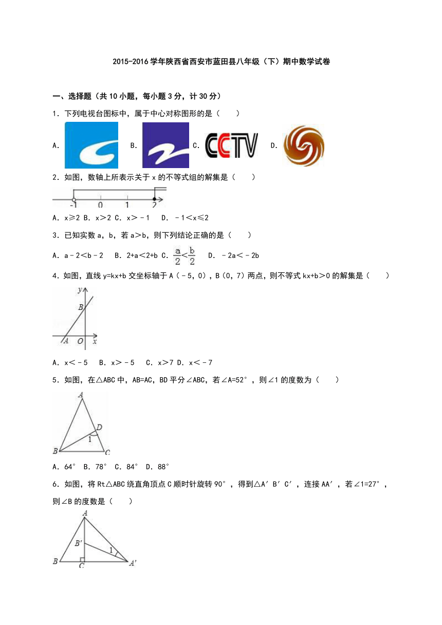 陕西省西安市蓝田县2015-2016学年八年级下期中数学试卷含答案解析