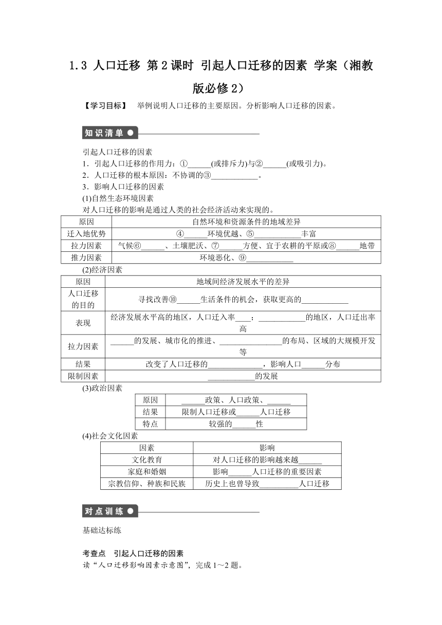 2012高一地理湘教版必修二学案 1.3 人口迁移 第2课时 引起人口迁移的因素