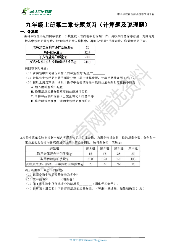 九年级上册第2章 物质的转化和利用 专题复习（计算题及说理题）