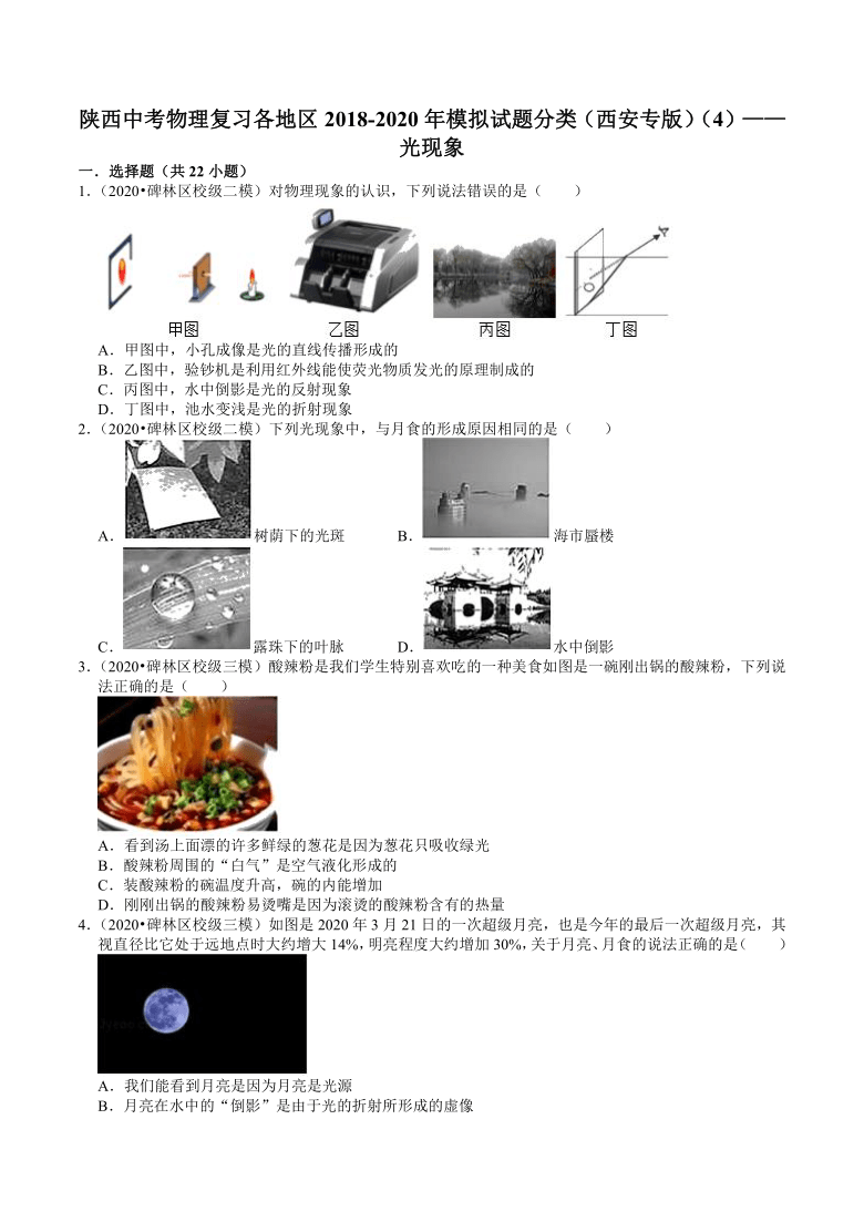 陕西中考物理复习各地区2018-2020年模拟试题分类（西安专版）（4）——光现象（含答案）