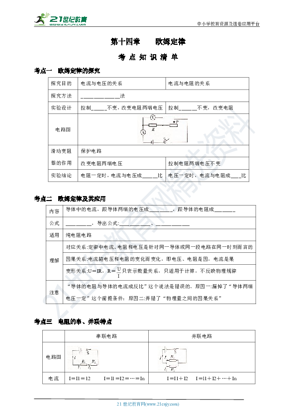 【备考2019】中考物理一轮复习学案：第十四讲  欧姆定律（知识清单+重难点+重要实验+中考真题）