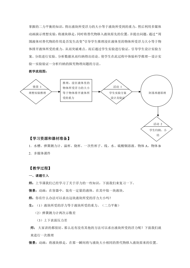 沪教版（上海）九年级物理第一学期6.4阿基米德原理教学设计