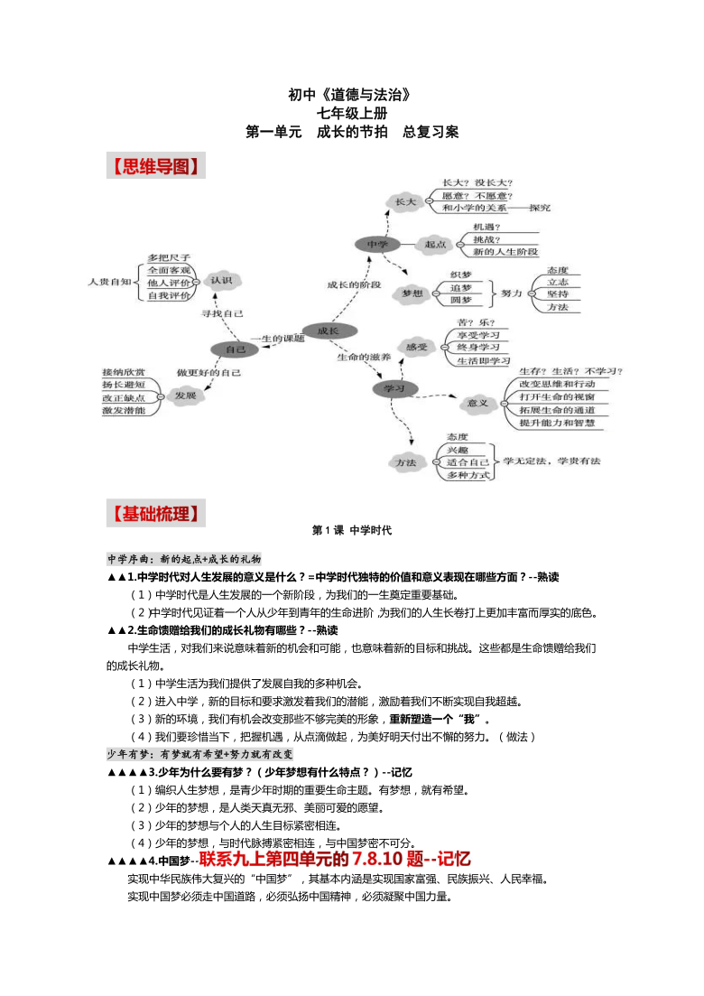 2021年中考道德与法治一轮复习七上第一二三四单元总复习案