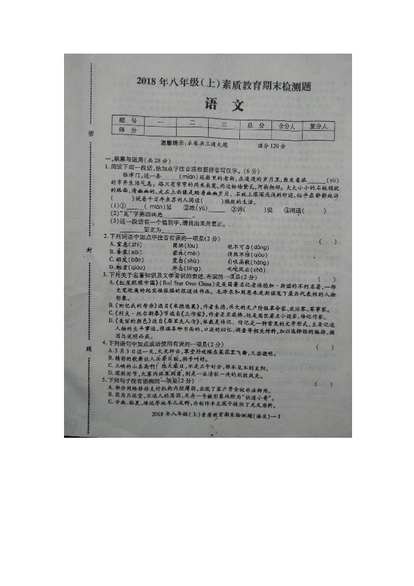 湖南省新宁县二中2018年秋八年级期末语文试题（扫描版，无答案）