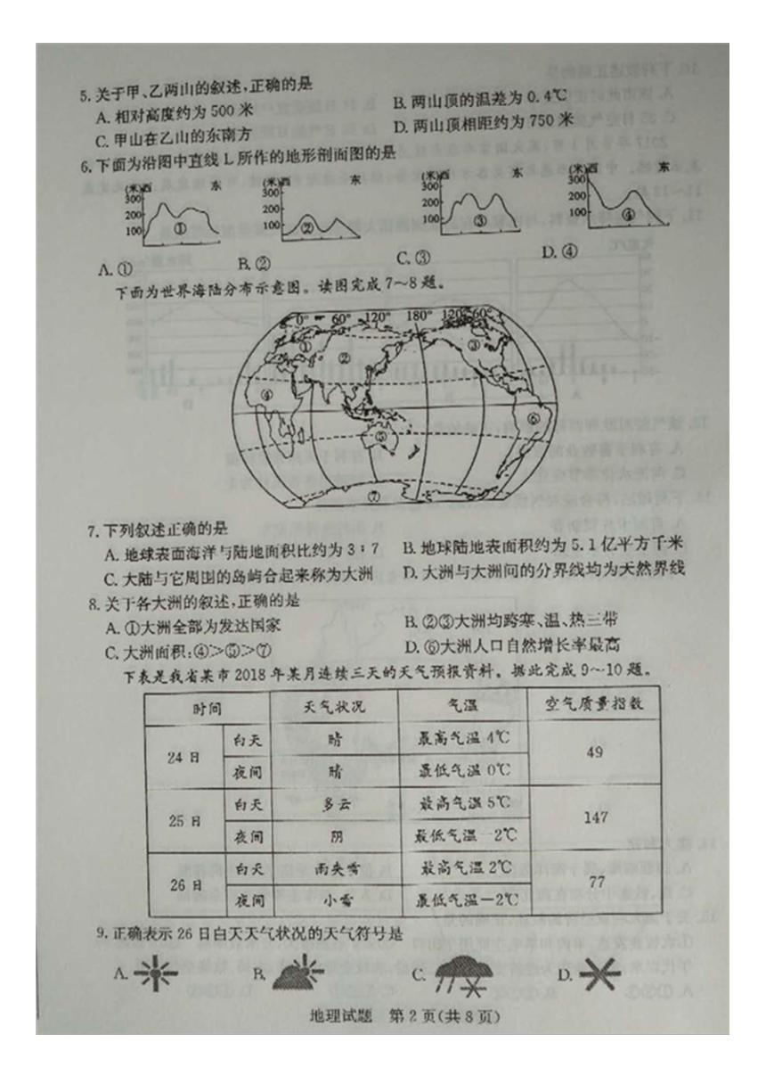 山东省日照市2018年初中学业水平考试地理试题（扫描版，无答案）