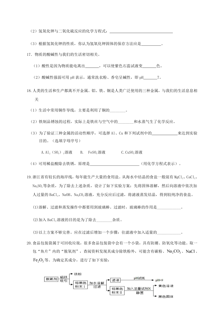 浙江省绍兴市2020-2021学年第一学期九年级科学10月调研试题（word版，含答案）（到第2章结束）