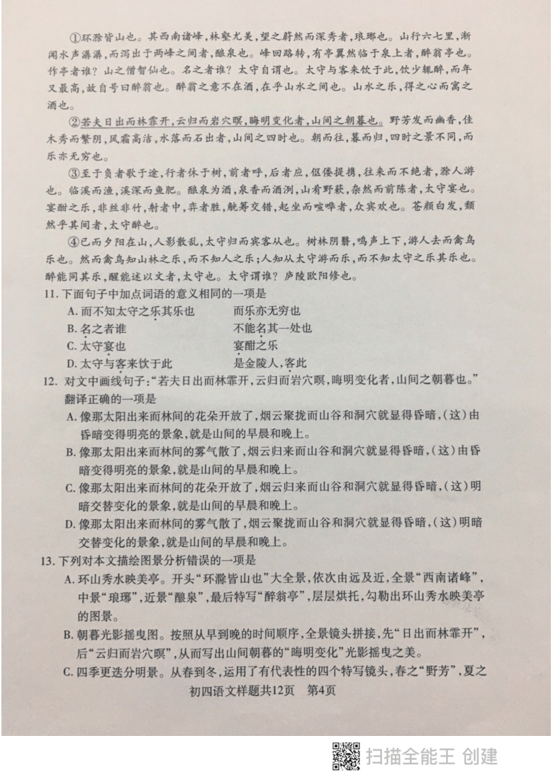 泰山区2020-2021学年第一学期期中考试九年级语文试题（含答案）