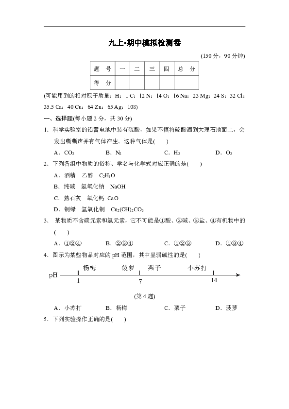 华师版九上科学期中模拟检测卷（化学专题内容）