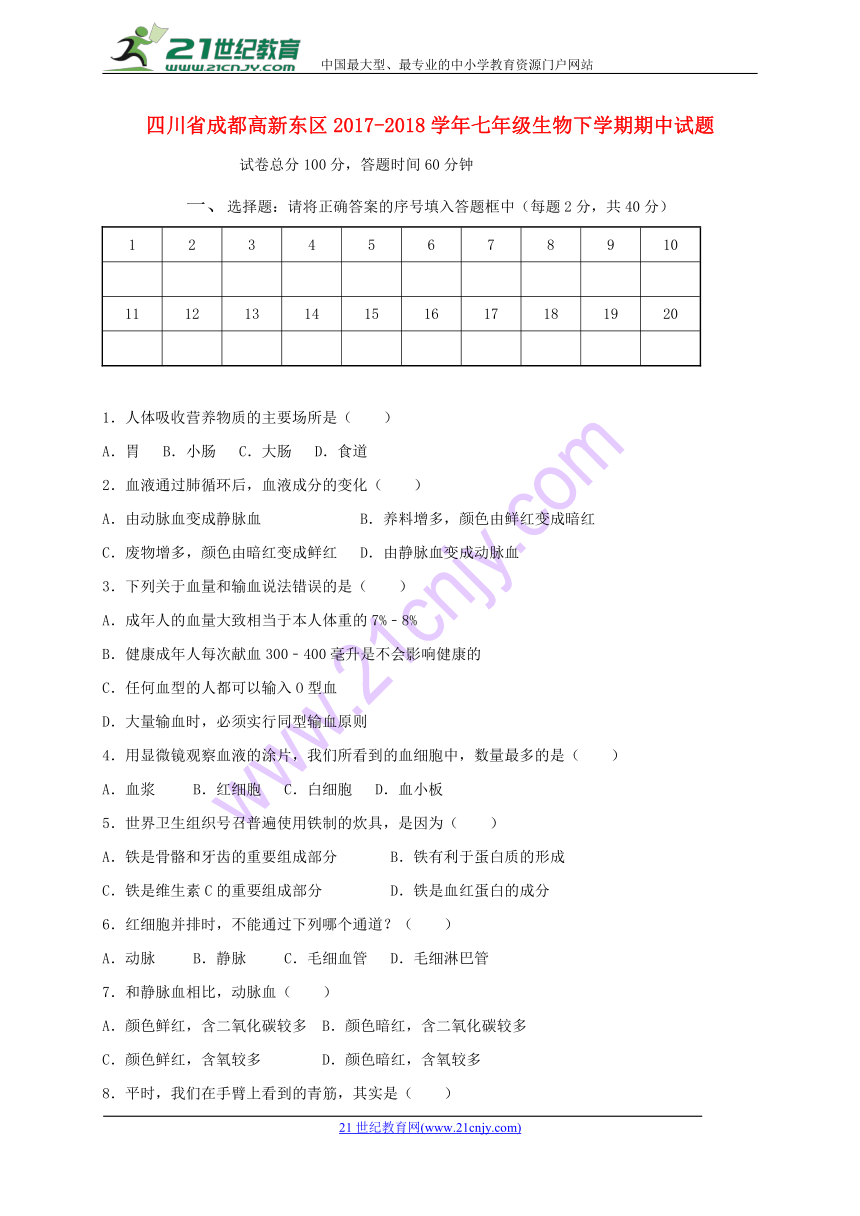 四川省成都高新东区2017-2018学年七年级生物下学期期中试题