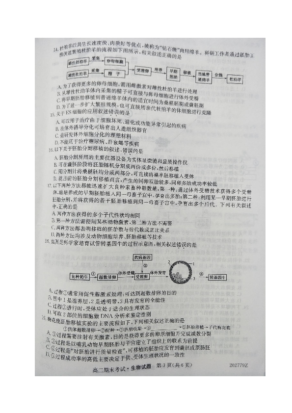 陕西省铜川一中2019-2020学年高二下学期期末考试生物试题 图片版