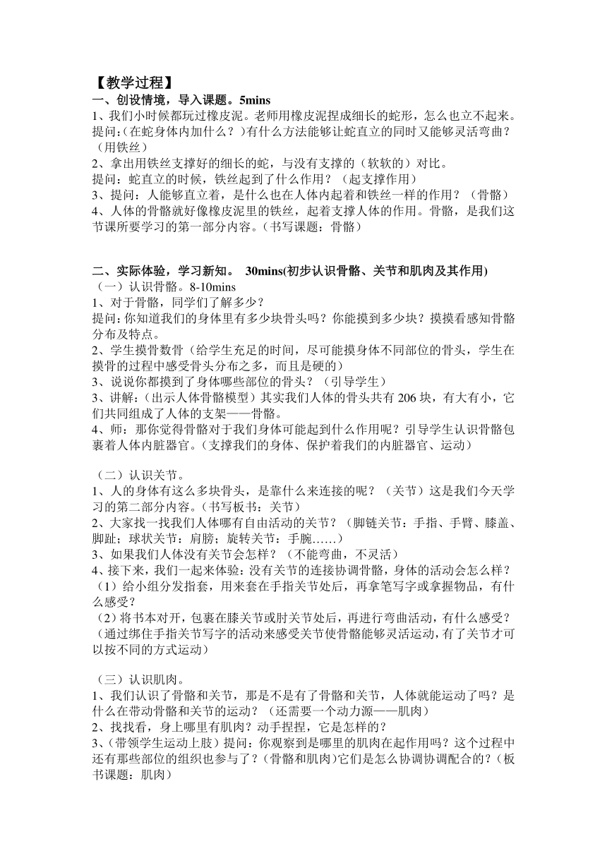 小学科学四年级上册2 骨骼、关节和肌肉 教学设计