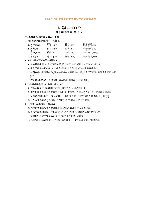 2020年四川省凉山州中考适应性考试语文模拟试卷（图片版无答案）