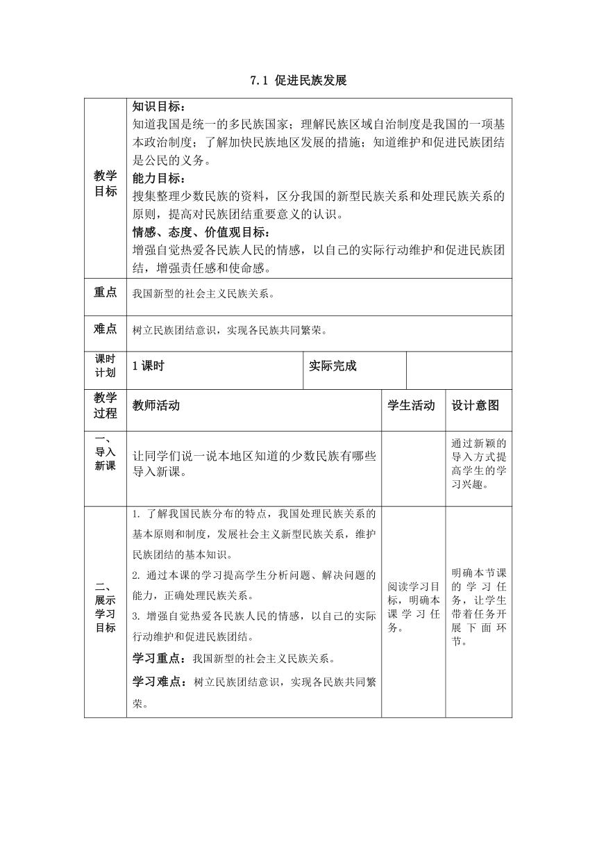 7.1 促进民族发展 教案（表格式）