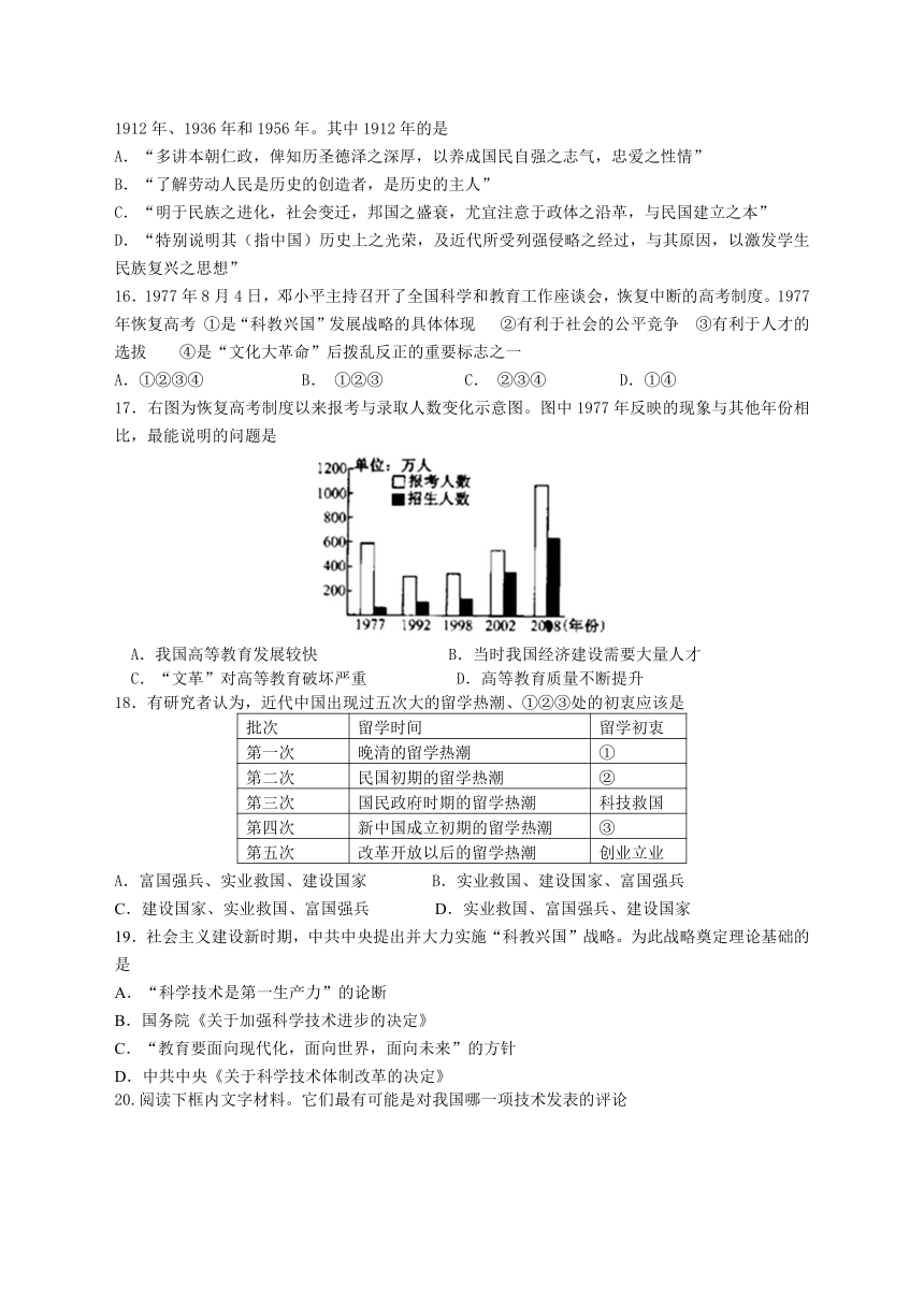 河北省张家口市高一历史（文）人民版必修3专题作业专题5 现代中国的文化与科技