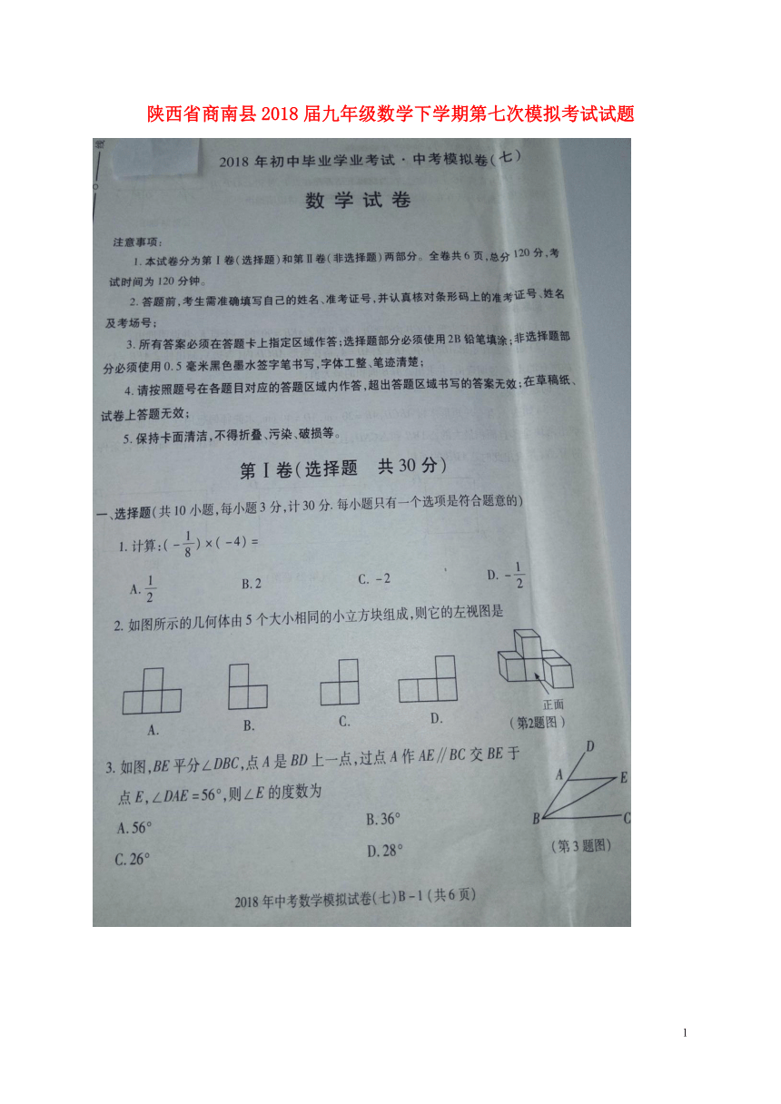 陕西省商南县2018届九年级数学下学期第七次模拟考试试题（扫描版）