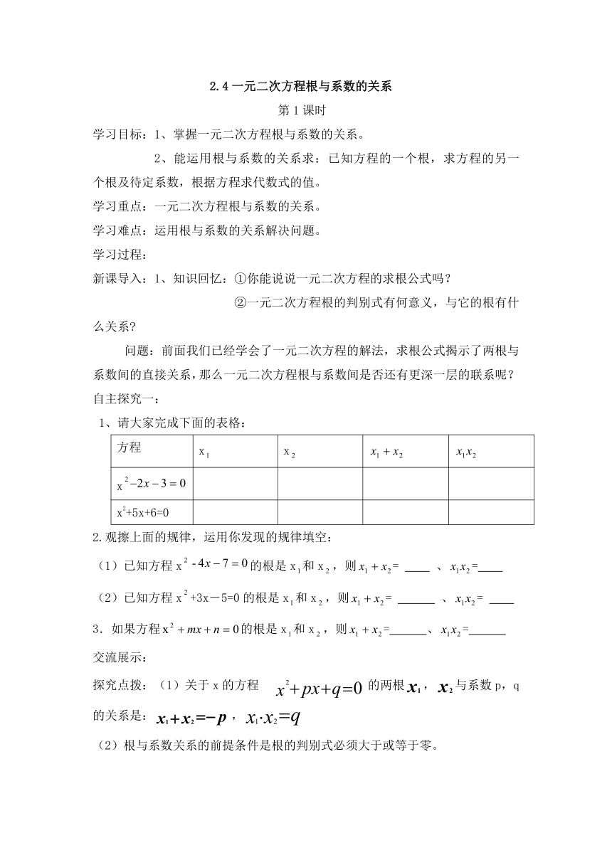 2.4一元二次方程根与系数的关系 第1课时 学案（无答案）