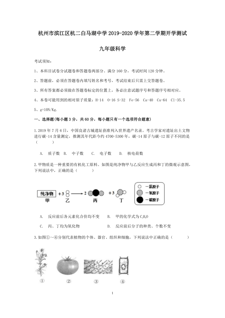 浙江省杭州市滨江区杭二白马湖中学2019-2020学年第二学期九年级科学开学测试【word 含答案】