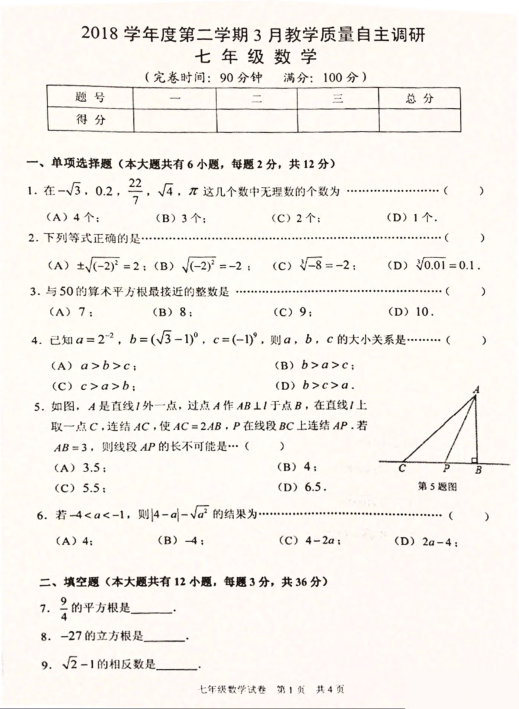 上海市川沙中学南校2018-2019学年七年级下学期数学3月月考试卷（扫描无答案）