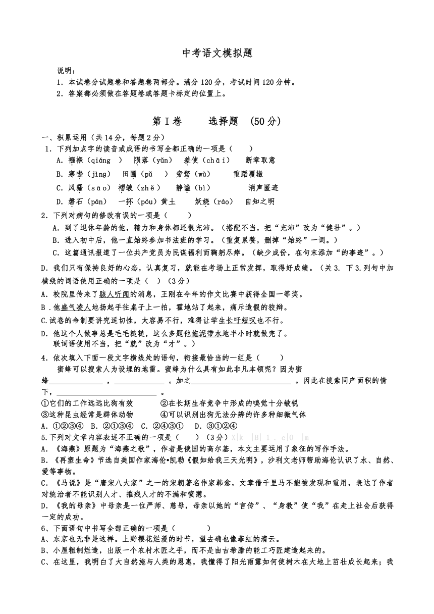 泰安市2014初中语文学业水平考试模拟试题 6（考前押宝题