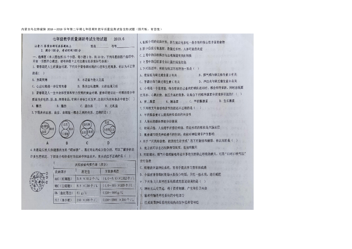 内蒙古乌拉特前旗2018—2019学年第二学期七年级期末教学质量监测试卷生物试题（图片版，有答案）