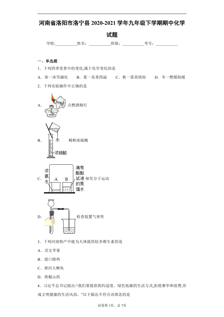 河南省洛阳市洛宁县2020-2021学年九年级下学期期中化学试题（word版 含解析答案）