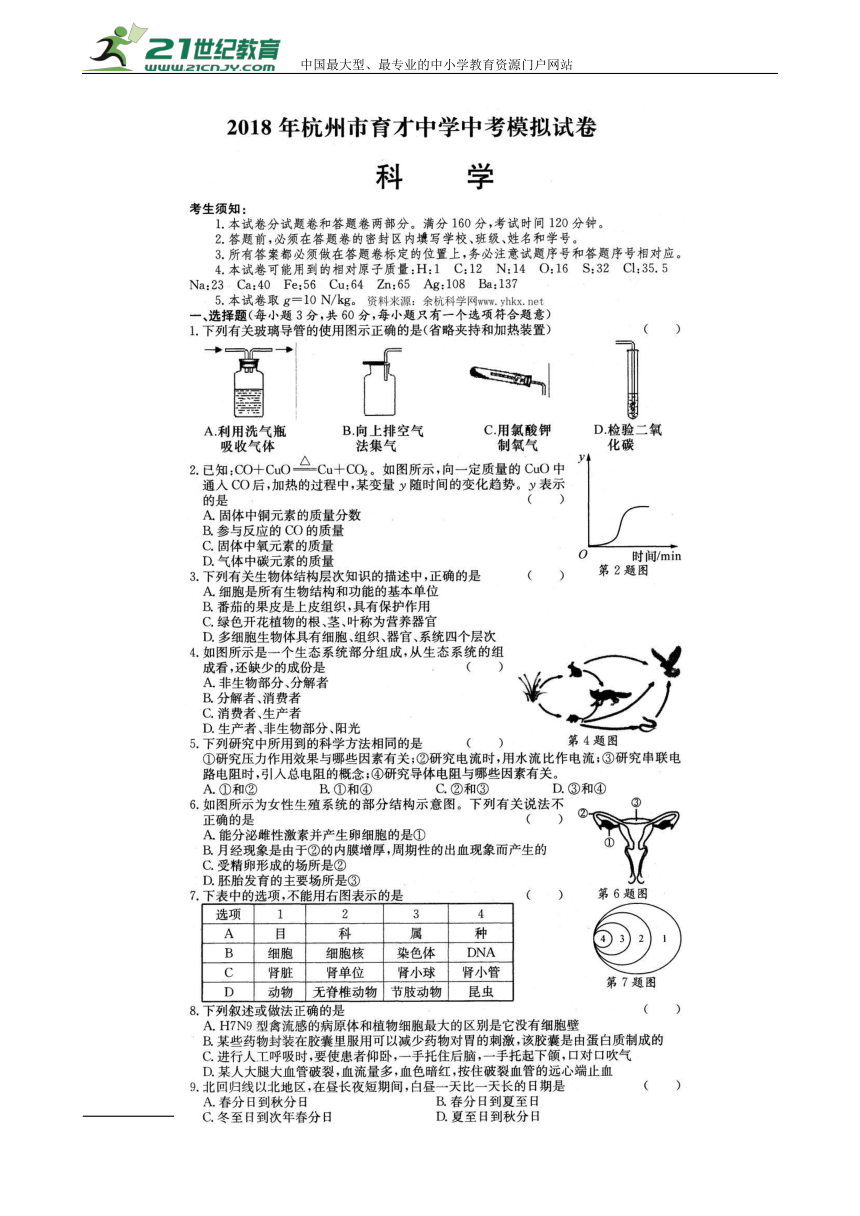 2018年浙江省杭州市育才中学中考一模科学卷（扫描版含答案）