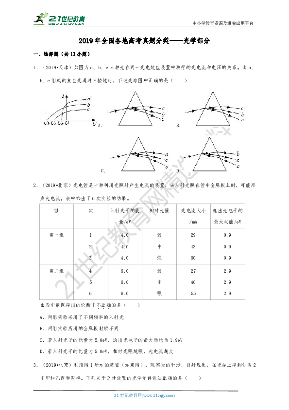 2019年全国各地高考真题分类——光学部分