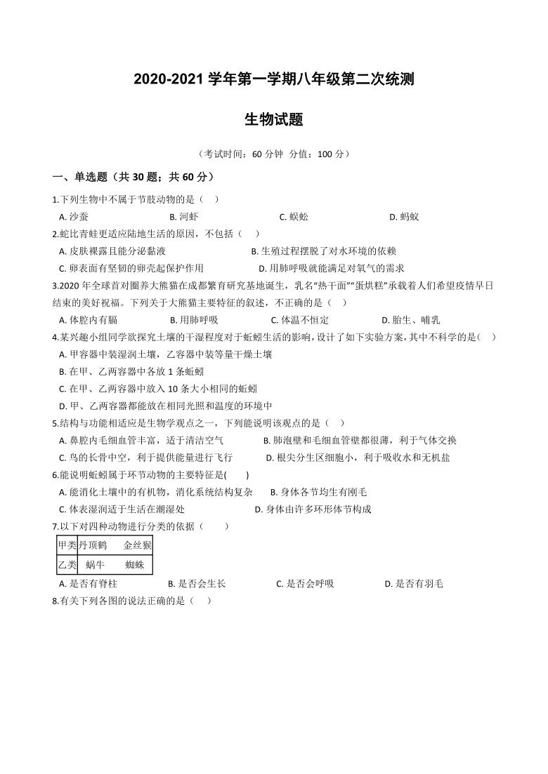 广东省湛江市2020-2021学年第一学期八年级生物第二次统测试题（word版，含答案）