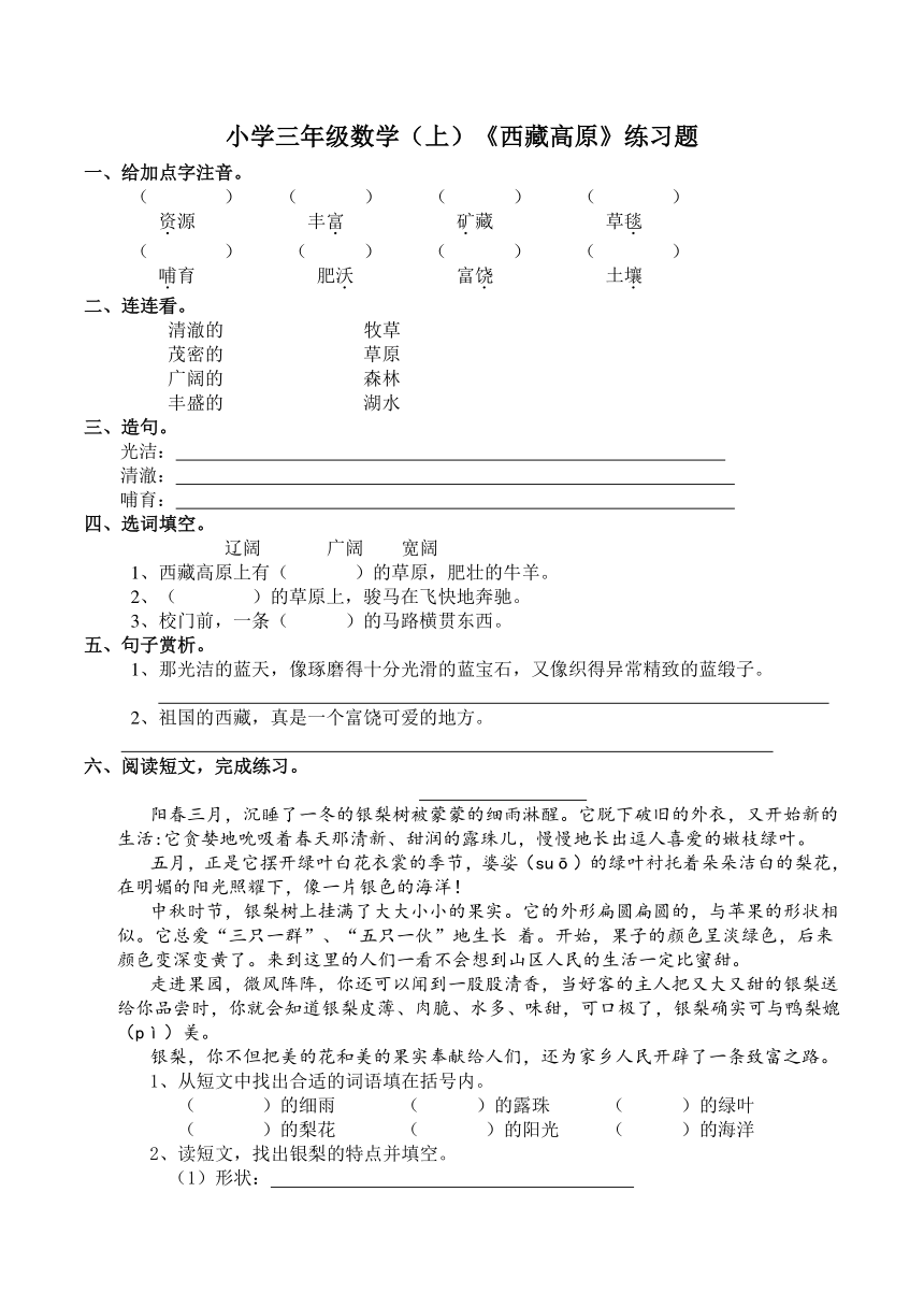 小学语文三年级（上）《西藏高原》练习题（含答案）